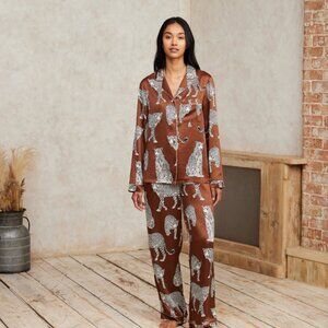 Chelsea Peers Satin Leopard Print Long Pajama Set - Brown Large New